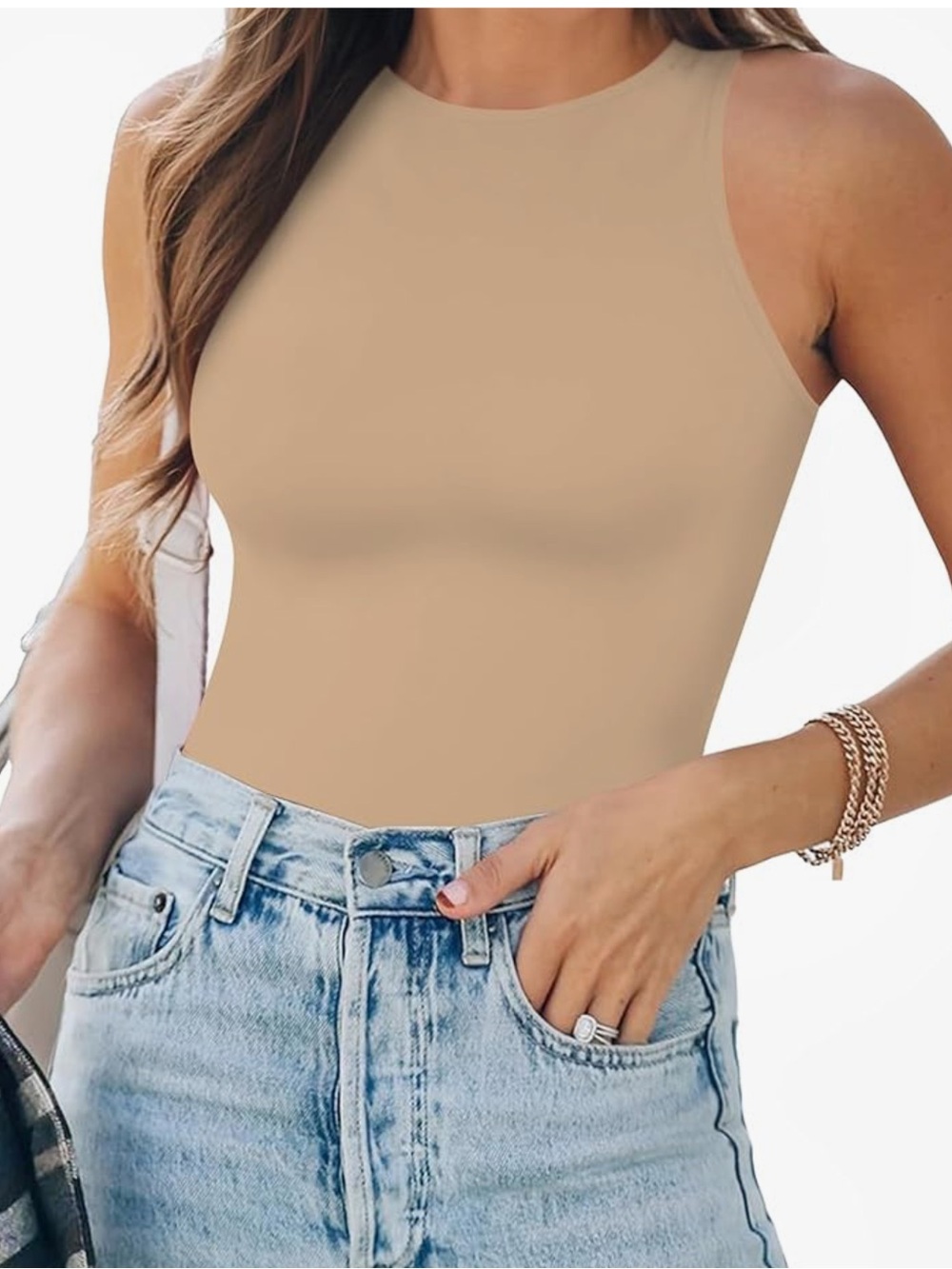 High-Neck Sleeveless Bodysuit in Beige